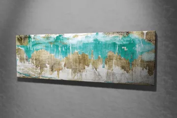 Lerretsbilde 80x30 cm - Abstrakt landskap med turkise og gylne elementer - Turkis / Gull / Beige - Interiør - Maleri & posters - Lerretsbilder