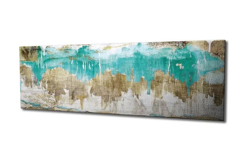 Lerretsbilde 80x30 cm - Abstrakt landskap med turkise og gylne elementer - Turkis / Gull / Beige - Interiør - Maleri & posters - Lerretsbilder