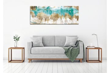 Lerretsbilde 80x30 cm - Abstrakt landskap med turkise og gylne elementer - Turkis / Gull / Beige - Interiør - Maleri & posters - Lerretsbilder