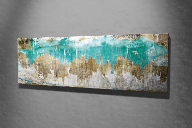 Lerretsbilde 80x30 cm - Abstrakt landskap med turkise og gylne elementer - Turkis / Gull / Beige - Interiør - Maleri & posters - Lerretsbilder