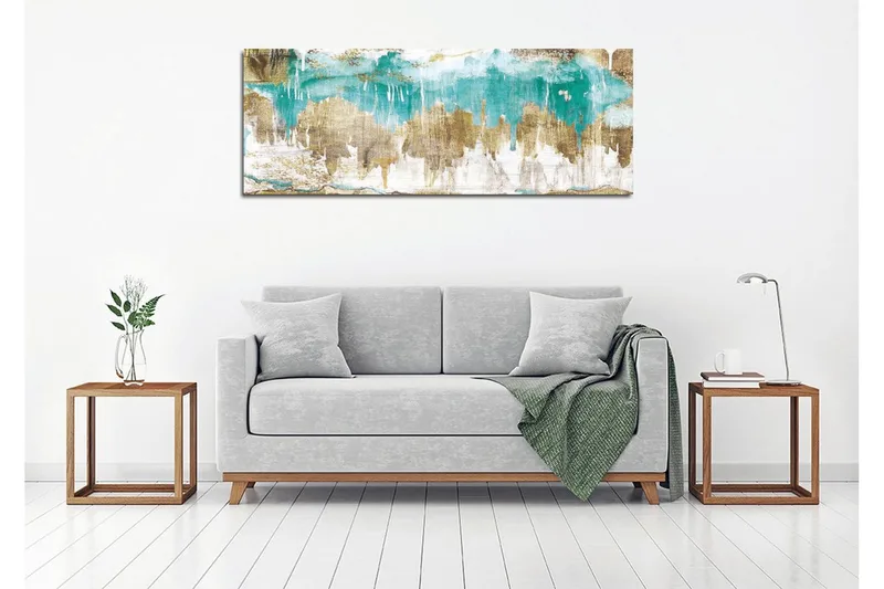 Lerretsbilde 80x30 cm - Abstrakt landskap med turkise og gylne elementer - Turkis / Gull / Beige - Interiør - Maleri & posters - Lerretsbilder