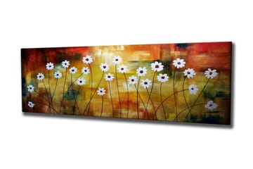 Lerretsbilde 80x30 cm - Blomstereng med hvite blomster og røde sentre på en fargerik bakgrunn - Hvit / Rød / Oransje - Interiør - Maleri & posters - Lerretsbilder