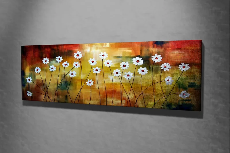 Lerretsbilde 80x30 cm - Blomstereng med hvite blomster og røde sentre på en fargerik bakgrunn - Hvit / Rød / Oransje - Interiør - Maleri & posters - Lerretsbilder