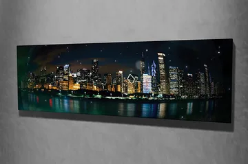 Lerretsbilde 80x30 cm - Bysilhuett med glitrende skyskrapere i nattlys - Mørk blå / Gull / Svart - Interiør - Maleri & posters - Lerretsbilder