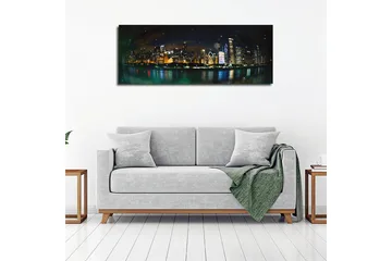 Lerretsbilde 80x30 cm - Bysilhuett med glitrende skyskrapere i nattlys - Mørk blå / Gull / Svart - Interiør - Maleri & posters - Lerretsbilder