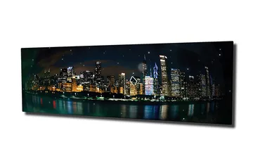 Lerretsbilde 80x30 cm - Bysilhuett med glitrende skyskrapere i nattlys - Mørk blå / Gull / Svart - Interiør - Maleri & posters - Lerretsbilder