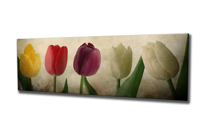 Lerretsbilde 80x30 cm - Fargerik bukett med tulipaner - Gul / Rød / Hvit - Interiør - Maleri & posters - Lerretsbilder