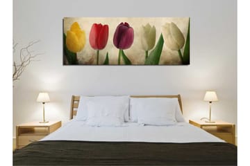 Lerretsbilde 80x30 cm - Fargerik bukett med tulipaner - Gul / Rød / Hvit - Interiør - Maleri & posters - Lerretsbilder