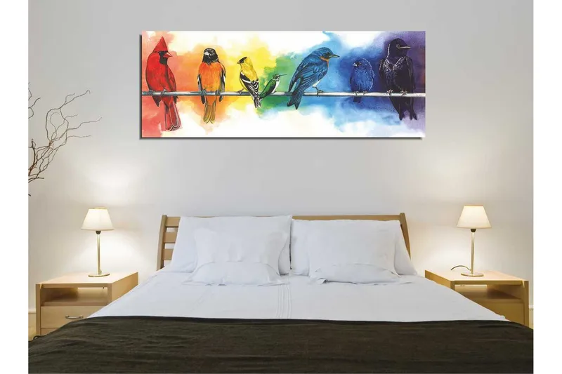 Lerretsbilde 80x30 cm - Fargerik samling av fugler på en gren - Rød / Blå / Gul - Interiør - Maleri & posters - Lerretsbilder