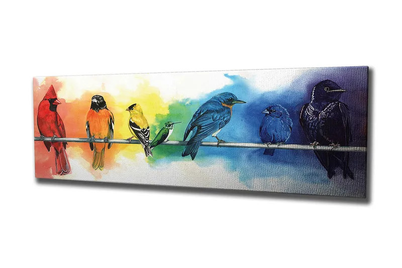 Lerretsbilde 80x30 cm - Fargerik samling av fugler på en gren - Rød / Blå / Gul - Interiør - Maleri & posters - Lerretsbilder