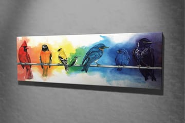 Lerretsbilde 80x30 cm - Fargerik samling av fugler på en gren - Rød / Blå / Gul - Interiør - Maleri & posters - Lerretsbilder