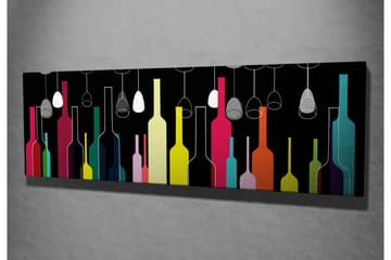 Lerretsbilde 80x30 cm - Fargerike flasker og vinglass mot svart bakgrunn - Rosa / Gul / Turkis - Interiør - Maleri & posters - Lerretsbilder