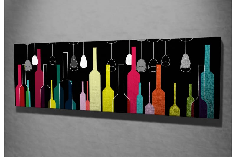 Lerretsbilde 80x30 cm - Fargerike flasker og vinglass mot svart bakgrunn - Rosa / Gul / Turkis - Interiør - Maleri & posters - Lerretsbilder