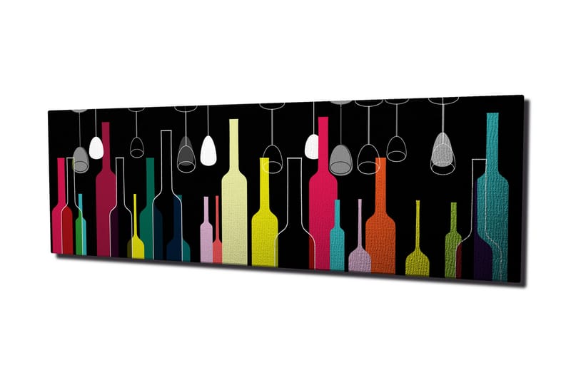 Lerretsbilde 80x30 cm - Fargerike flasker og vinglass mot svart bakgrunn - Rosa / Gul / Turkis - Interiør - Maleri & posters - Lerretsbilder