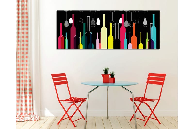 Lerretsbilde 80x30 cm - Fargerike flasker og vinglass mot svart bakgrunn - Rosa / Gul / Turkis - Interiør - Maleri & posters - Lerretsbilder