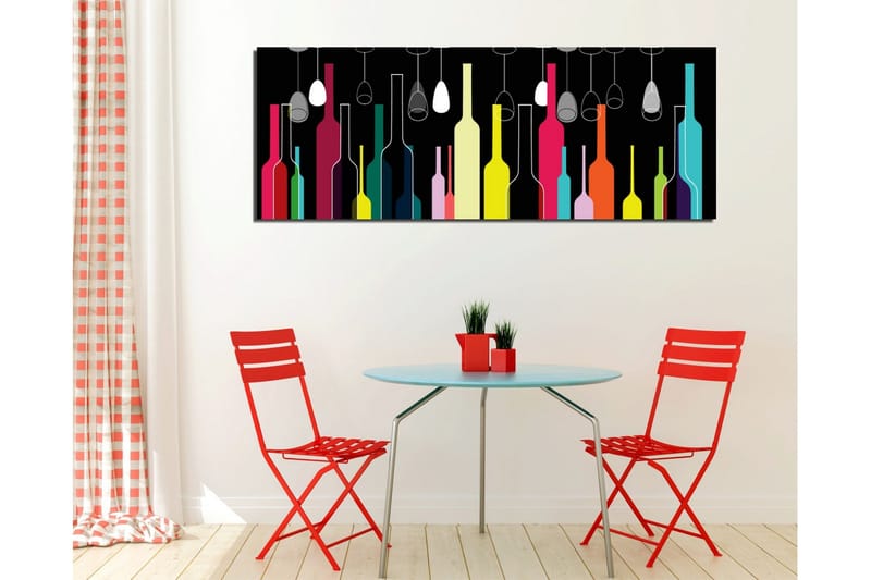 Lerretsbilde 80x30 cm - Fargerike flasker og vinglass mot svart bakgrunn - Rosa / Gul / Turkis - Interiør - Maleri & posters - Lerretsbilder