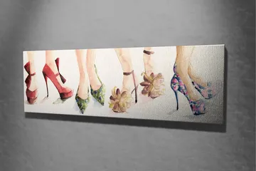 Lerretsbilde 80x30 cm - Fargerike høyhælte sko i forskjellige stiler - Rød / Grønn / Rosa - Interiør - Maleri & posters - Lerretsbilder