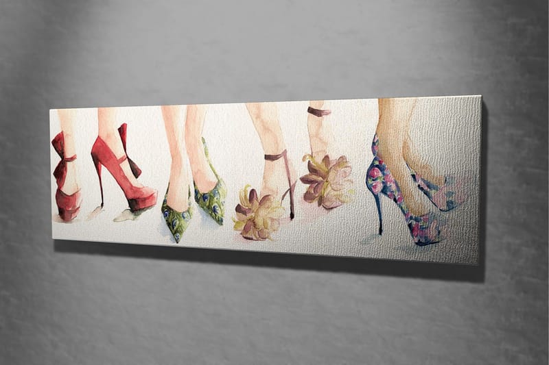 Lerretsbilde 80x30 cm - Fargerike høyhælte sko i forskjellige stiler - Rød / Grønn / Rosa - Interiør - Maleri & posters - Lerretsbilder