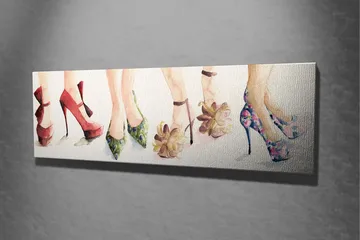 Lerretsbilde 80x30 cm - Fargerike høyhælte sko i forskjellige stiler - Rød / Grønn / Rosa - Interiør - Maleri & posters - Lerretsbilder