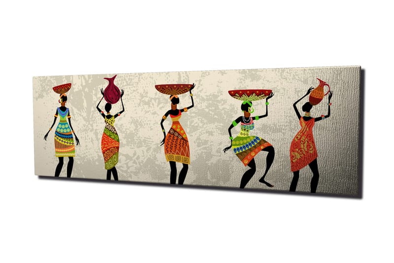 Lerretsbilde 80x30 cm - Fem kvinner i fargerike kjoler som bærer forskjellige gjenstander på hodet, Rød / Grønn / Oransje