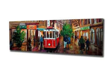 Lerretsbilde 80x30 cm - Rød trikk på en travel gate med folk og butikker - Rød / Grønn / Brun - Interiør - Maleri & posters - Lerretsbilder