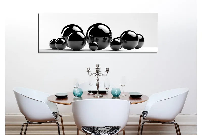 Lerretsbilde 80x30 cm - Reflekterende svarte kuler i forskjellige størrelser - Svart / Grå - Interiør - Maleri & posters - Lerretsbilder