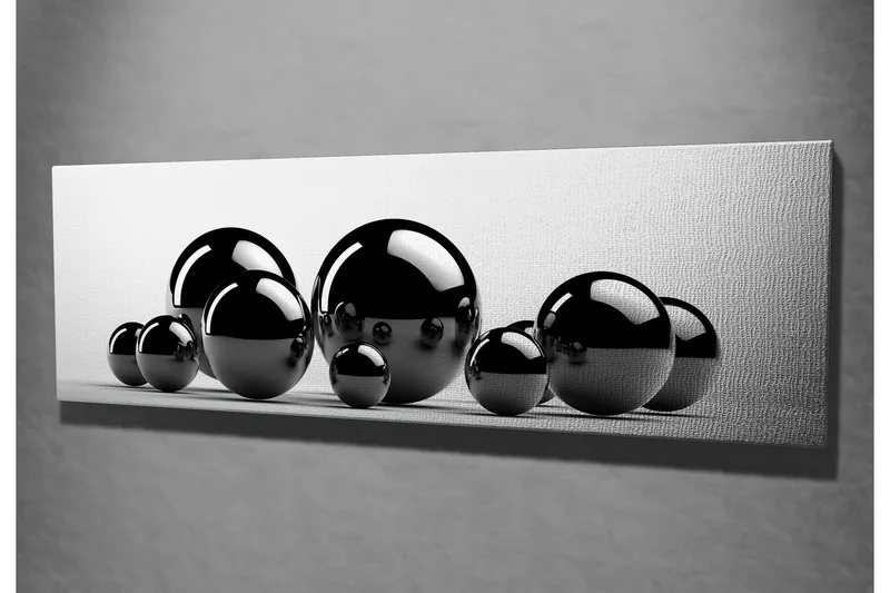 Lerretsbilde 80x30 cm - Reflekterende svarte kuler i forskjellige størrelser - Svart / Grå - Interiør - Maleri & posters - Lerretsbilder