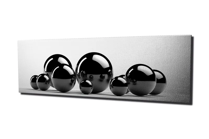 Lerretsbilde 80x30 cm - Reflekterende svarte kuler i forskjellige størrelser, Svart / Grå