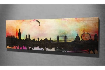 Lerretsbilde 80x30 cm - Silhuett av en by med ikoniske bygninger mot en fargerik himmel - Svart / Rosa / Blå - Interiør - Maleri & posters - Lerretsbilder