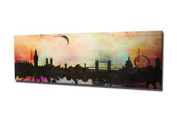 Lerretsbilde 80x30 cm - Silhuett av en by med ikoniske bygninger mot en fargerik himmel - Svart / Rosa / Blå - Interiør - Maleri & posters - Lerretsbilder