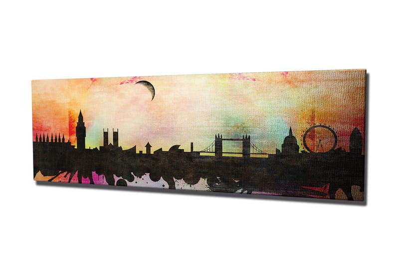 Lerretsbilde 80x30 cm - Silhuett av en by med ikoniske bygninger mot en fargerik himmel - Svart / Rosa / Blå - Interiør - Maleri & posters - Lerretsbilder