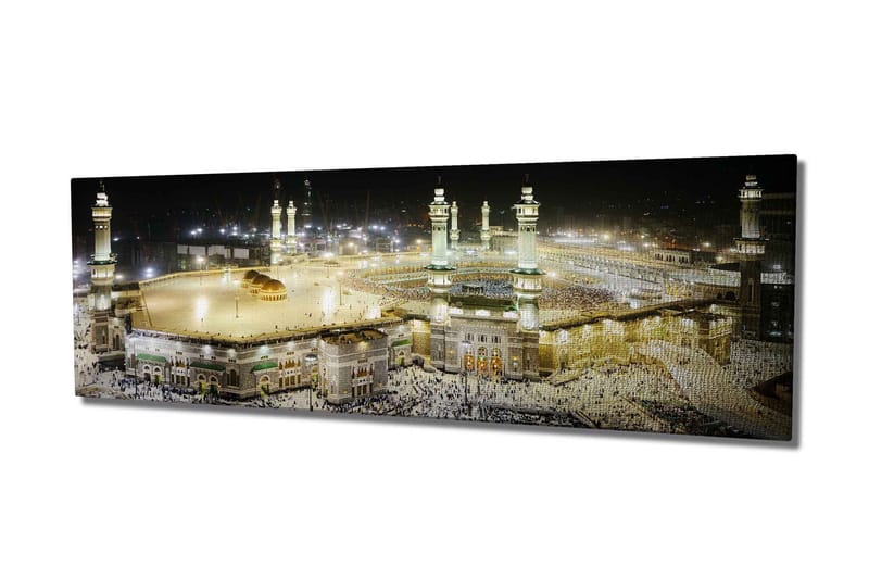 Lerretsbilde 80x30 cm - Storslått utsikt over det hellige stedet i Mekka i nattlys, Gull / Grønn / Svart