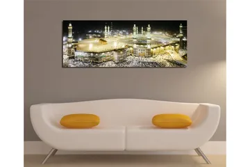 Lerretsbilde 80x30 cm - Storslått utsikt over det hellige stedet i Mekka i nattlys - Gull / Grønn / Svart - Interiør - Maleri & posters - Lerretsbilder