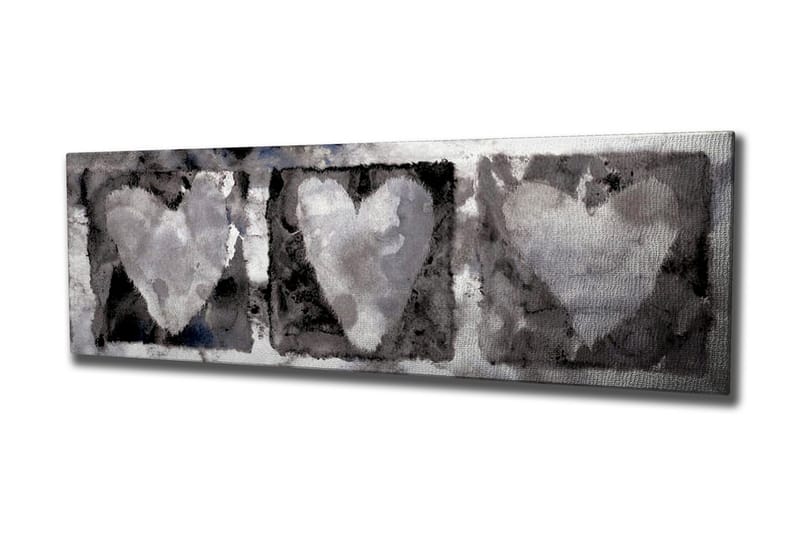 Lerretsbilde 80x30 cm - Tre hjerter i myke gråtoner, Grå / Hvit / Svart