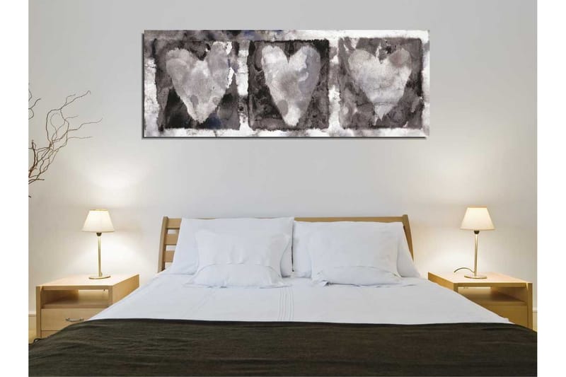 Lerretsbilde 80x30 cm - Tre hjerter i myke gråtoner - Grå / Hvit / Svart - Interiør - Maleri & posters - Lerretsbilder