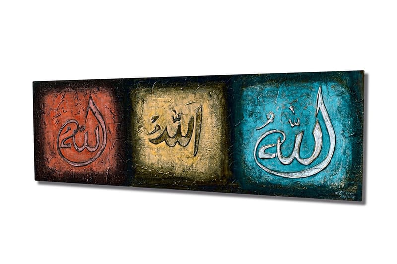 Lerretsbilde 80x30 cm - Tre paneler med kalligrafiske inskripsjoner i forskjellige farger, Rød / Gull / Turkis