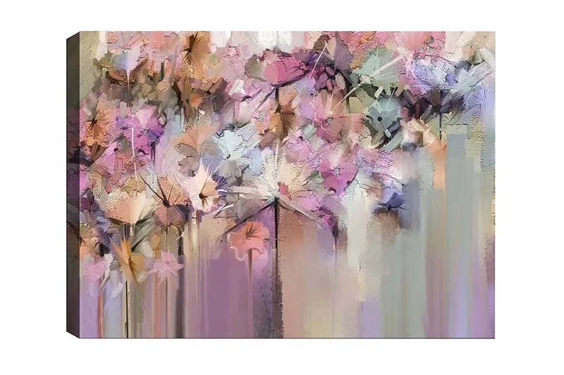 Lerretsbilde - Abstrakt blomsterkomposisjon i myke pastellfarger, Lilla / Rosa / Beige