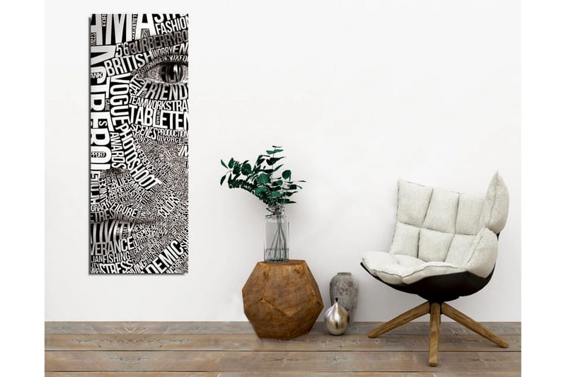 Lerretsbilde - Abstrakt komposisjon av tekst og øyemotiv - Svart / Hvit - Interiør - Maleri & posters - Lerretsbilder