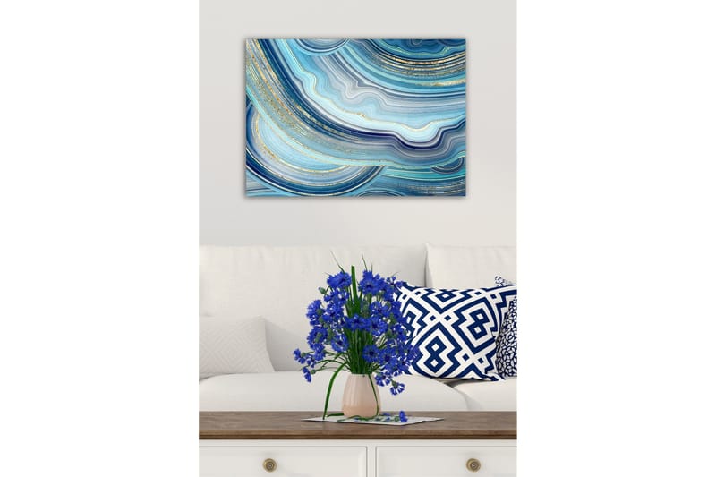 Lerretsbilde - Abstrakt komposisjon med bølgete linjer i blå nyanser - Blå / Turkis / Gull - Interiør - Maleri & posters - Lerretsbilder