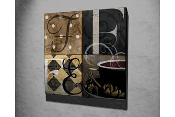 Lerretsbilde - Abstrakt komposisjon med bokstaver og en kaffekopp - Brun / Svart / Gull - Interiør - Maleri & posters - Lerretsbilder