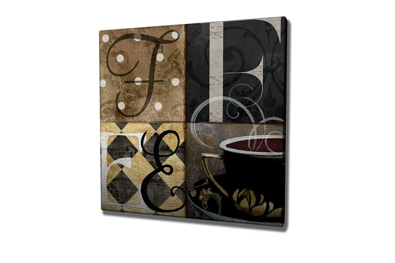 Lerretsbilde - Abstrakt komposisjon med bokstaver og en kaffekopp - Brun / Svart / Gull - Interiør - Maleri & posters - Lerretsbilder