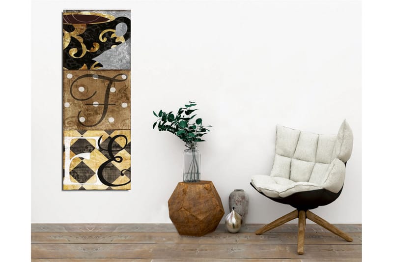 Lerretsbilde - Abstrakt komposisjon med bokstaver og mønstre - Svart / Gull / Beige - Interiør - Maleri & posters - Lerretsbilder