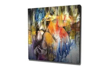 Lerretsbilde - Abstrakt komposisjon med en kvinne som omfavner seg selv - Blå / Oransje / Lilla - Interiør - Maleri & posters - Lerretsbilder