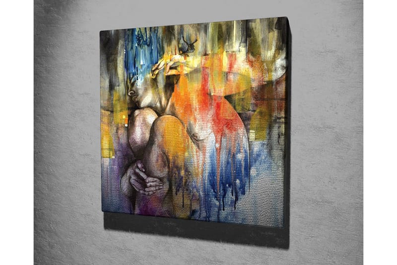 Lerretsbilde - Abstrakt komposisjon med en kvinne som omfavner seg selv - Blå / Oransje / Lilla - Interiør - Maleri & posters - Lerretsbilder