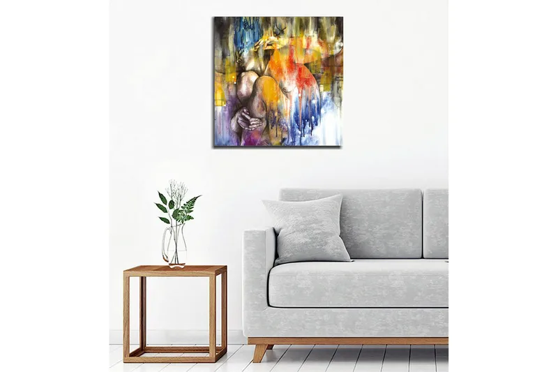 Lerretsbilde - Abstrakt komposisjon med en kvinne som omfavner seg selv - Blå / Oransje / Lilla - Interiør - Maleri & posters - Lerretsbilder