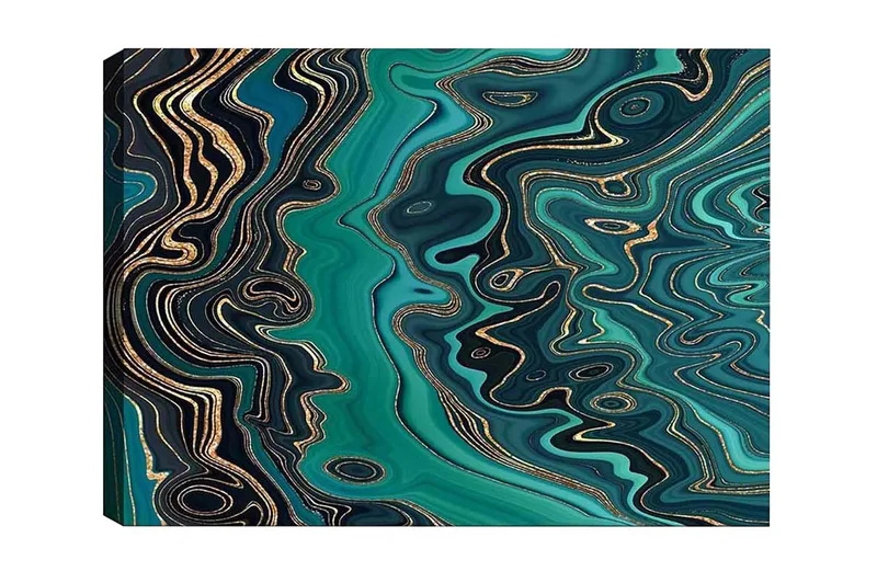 Lerretsbilde - Abstrakt komposisjon med flytende mønstre i grønne nyanser, Mørkegrønn / Turkis / Gull