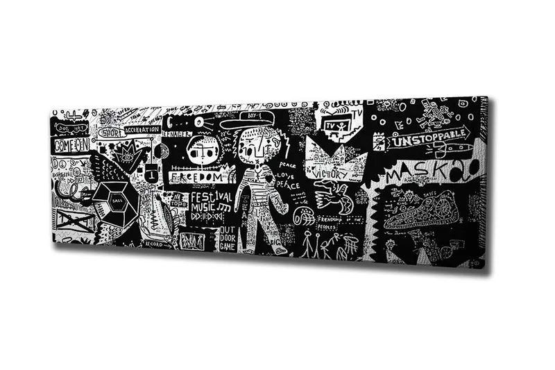 Lerretsbilde - Abstrakt komposisjon med grafiske elementer og teksturer, Svart / Hvit