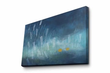 Lerretsbilde - Abstrakt komposisjon med regndråper og gylne sirkler - Mørk blå / Lys blå / Gul - Interiør - Maleri & posters - Lerretsbilder