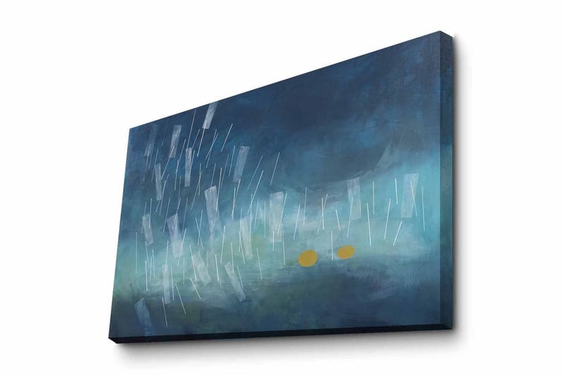 Lerretsbilde - Abstrakt komposisjon med regndråper og gylne sirkler, Mørk blå / Lys blå / Gul