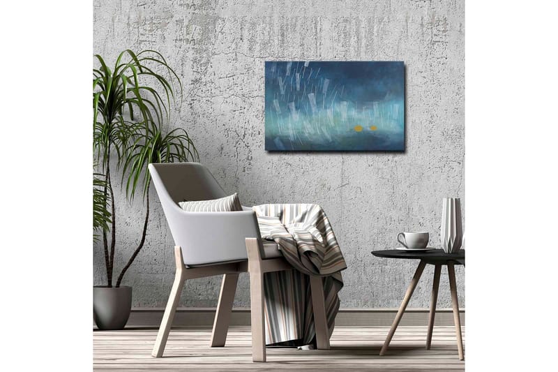 Lerretsbilde - Abstrakt komposisjon med regndråper og gylne sirkler - Mørk blå / Lys blå / Gul - Interiør - Maleri & posters - Lerretsbilder